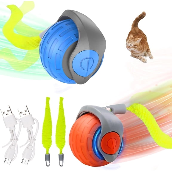 2 Pack Interactive Cat Toy Ball,Speedy Tail Toys for Indoor Cats with Feather Tails (Blue-Orange)