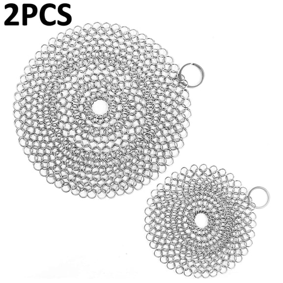 2 Packs Iron Skillet Cleaner Chainmail,Premium Stainless Steel Chain Maille Scrubber for Cast Iron Pans,Stainless Steel,Glassware(7IN &5IN Round)