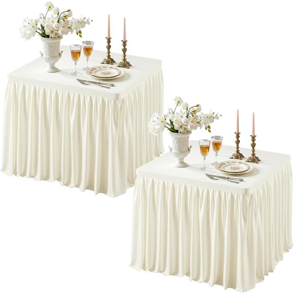2 Packs Ivory Square Tableloths 34x34 Inch, Stretch Fitted Small Square Table Cloth Washable Fabric Card Table Cover with Pleated Ruffle Skirt for Dining, Kitchen, Buffet Parties, Trade Show, Vendor