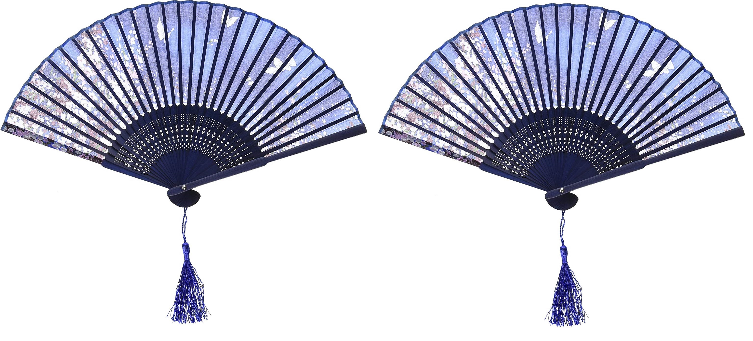 2 Packs Japanese Butterfly Silk Handheld Folding Fan Handheld Fans, Silk Folding Fans with Bamboo Frames for Dancing Cosplay Wedding Party Props Decoration, White Blue