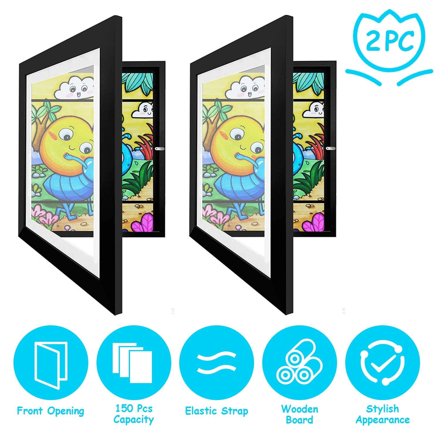 2 Packs Kids Art Frame Front Opening Wooden Frame Artwork Display Storage Frame A4 Picture Frame Wall Display for Photo Art Projects Picture Children Drawing 12.99x9.52in
