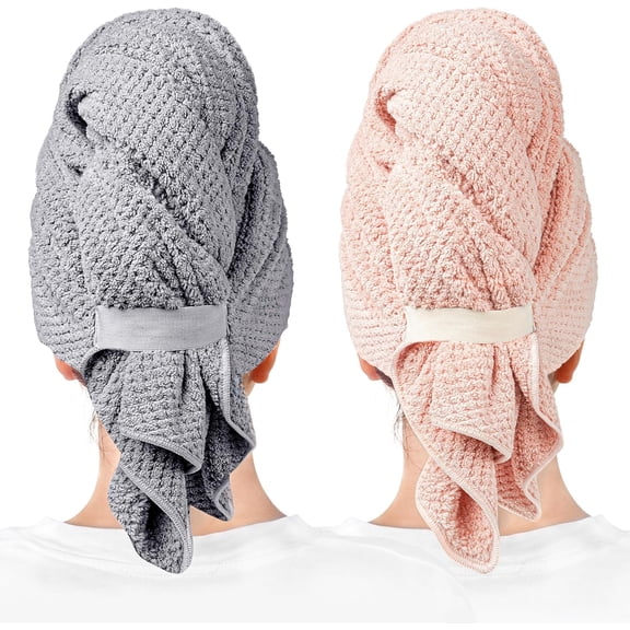 2 Packs Large Microfiber Hair Towels for Women, Super Absorbent & Quick Dry Hair Towel Wrap for Curly Hair Long & Short Hair- Anti-Frizz Hair Turbans for Wet Hair - 27.5''*39.4''-Grey, Pink