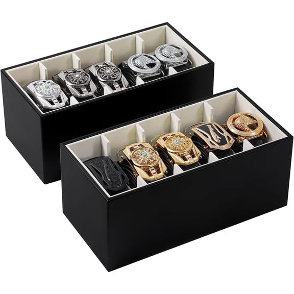2 Packs Leathers Belt Organizer for Closet and Drawer, Stackable 5 Grids Dresser Drawer Organizers, Belt Tie Holder for Men,Tie Box-Black