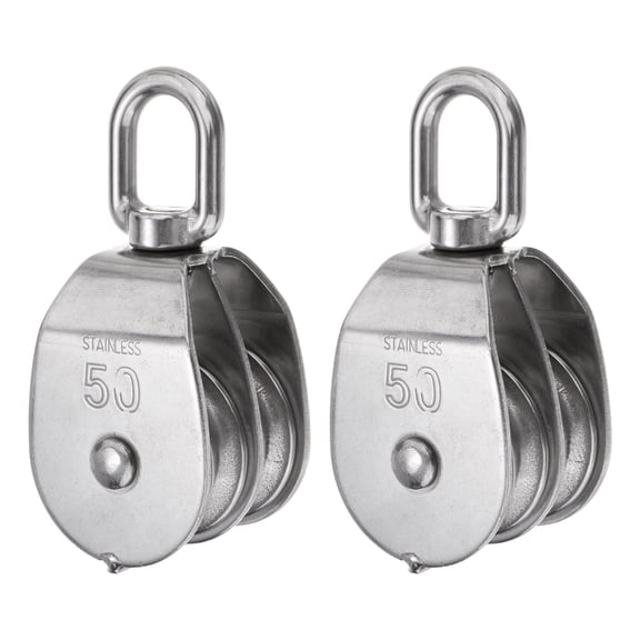 2 Packs M50 Double Pulley Block Stainless Steel Swivel Rigging Lifting Wheel Fixed Pulley, Hanging Wire Towing Wheel