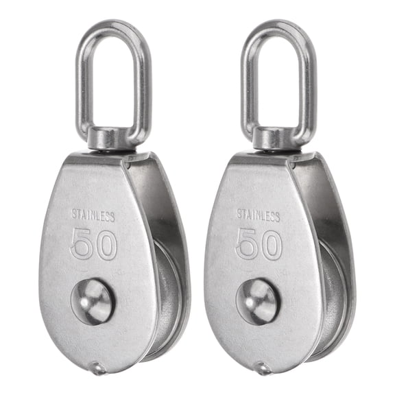 2 Packs M50 Single Pulley Block, 304 Stainless Steel Hanging Wire Towing Wheel, Lifting Crane Swivel Hook