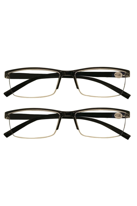 2 Packs Mens Rectangle Half Frame Reading Glasses Blue Light Blocking Black Spring Hinge Readers +1.00