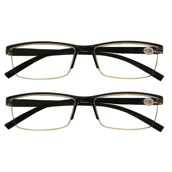 2 Packs Mens Rectangle Half Frame Reading Glasses Blue Light Blocking Black Spring Hinge Readers +1.75