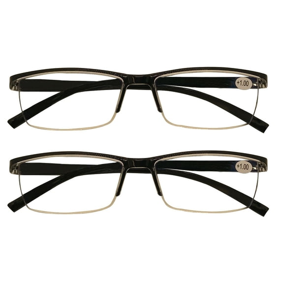 2 Packs Mens Rectangle Half Frame Reading Glasses Blue Light Blocking Black Spring Hinge Readers +2.50