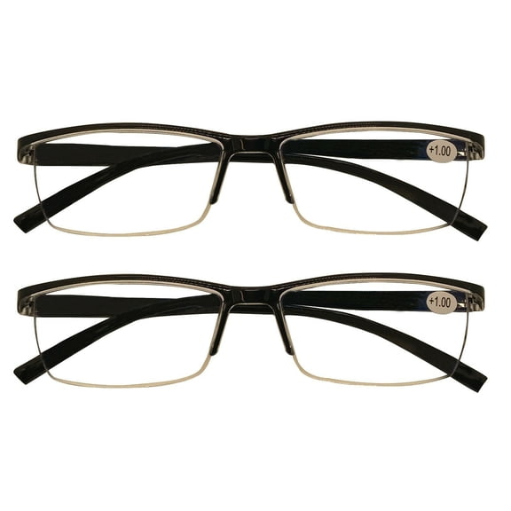 2 Packs Men's Rectangle Half Frame Reading Glasses Blue Light Blocking Black Spring Hinge Readers