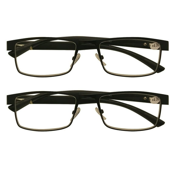 2 Packs Mens Rectangle Metal Frame Reading Glasses Black Spring Hinge Readers +3.00