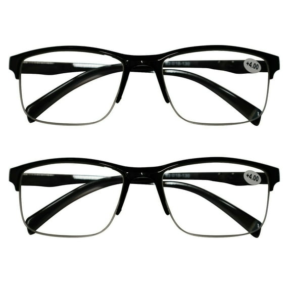 2 Packs Mens Unisex Half Frame Square Reading Glasses Black Spring Hinge Readers +2.00