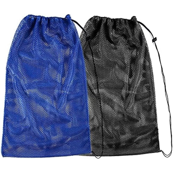 2 Packs Mesh Gear Bag for Snorkel Equipment, Oversized 18" x 27" Mesh Dive Bag Scuba Diving Snorkel Backpack for Snorkeling, Fins, Swimming Gear, Beach and Sports Equipment (Black & Blue)