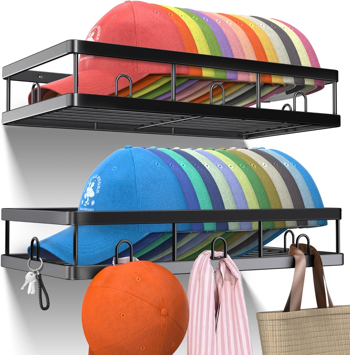 2 Packs Metal Hat Rack for Wall, Holder with Multiple Hooks, Organizer ...