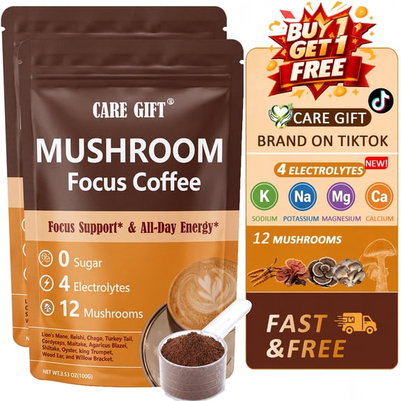 2 Packs Mushroom Coffee Powder with Spoon , Organic Functional Instant Coffee w/ 12 Mushroom Blend Lions Mane Turkey Tail, etc. for Focus Energy Immunity, Sugar-Free, Keto Vegan,4 Electrolytes 3.53oz