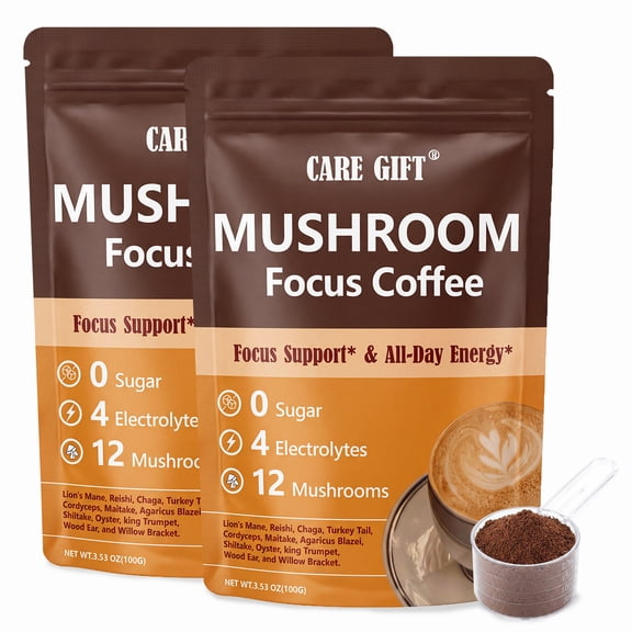 2 Packs Mushroom Coffee Powder with Spoon , Organic Functional Instant Coffee w/ 12 Mushroom Blend Lions Mane Turkey Tail, etc. for Focus Energy Immunity, Sugar-Free, Keto Vegan,4 Electrolytes 3.53oz