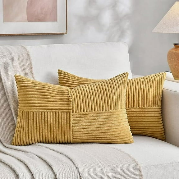 2 Packs Mustard Yellow Lumbar Decorative Throw Pillow Covers 12x20 Inch for Living Room Couch Bed, Rustic Farmhouse Boho Home Decor, Soft Striped Corduroy Rectangle Accent Cushion Case