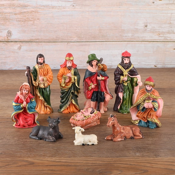 2 Packs Nativity Scene Set, Religious Christmas Ornaments, Hand-Painted Resin Manger Figurines for Holiday Home Décor, Church Display, Nativity Stable Set with Mary Joseph Jesus Shepherd Wise Men