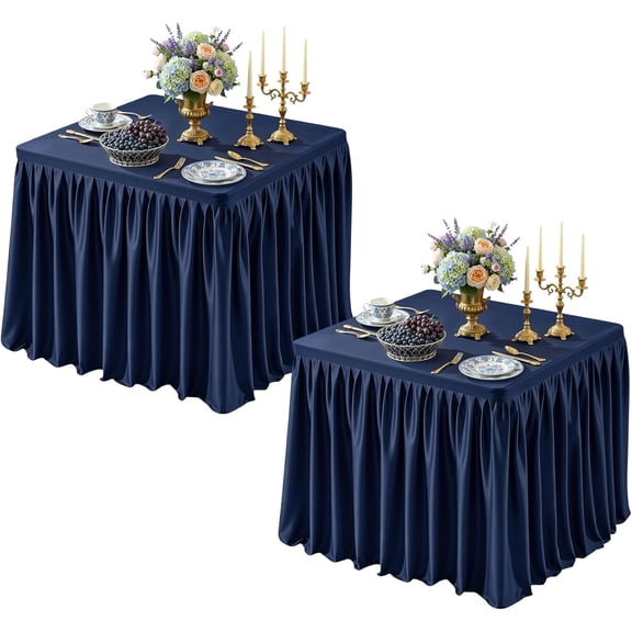 2 Packs Navy Blue Square Tableloths 34x34 Inch, Stretch Fitted Small Square Table Cloth Washable Fabric Card Table Cover with Pleated Ruffle Skirt for Dining, Kitchen, Buffet Parties, Trade Show