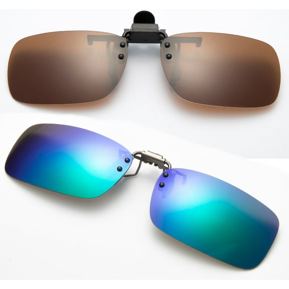 2 Packs Newbee Fashion - Polarized Clip-On Flip Up Metal Clip Sunglasses Multi Purpose Polarized Lenses (Glasses not included) Brown & Green