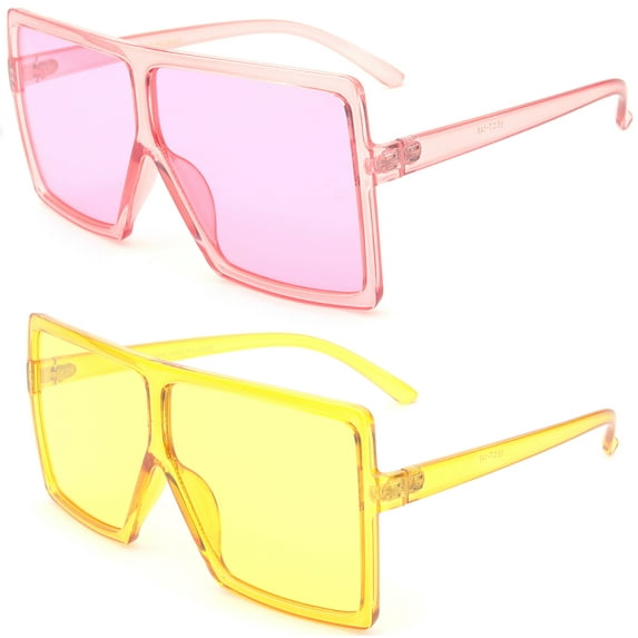 2 Packs Newbee Fashion Square Vintage Oversized Large Frame Fashion Sunglasses for Women, Men, Junior Teen, Rectangle Flat Top Composite Frame, Big Wind Shield Lens, UV 400, Pink & Yellow