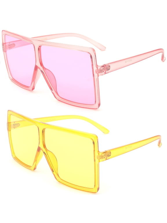 2 Packs Newbee Fashion Square Vintage Oversized Large Frame Fashion Sunglasses for Women, Men, Junior Teen, Rectangle Flat Top Composite Frame, Big Wind Shield Lens, UV 400, Pink & Yellow