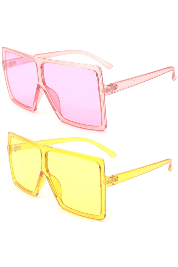 2 Packs Newbee Fashion Square Vintage Oversized Large Frame Fashion Sunglasses for Women, Men, Junior Teen, Rectangle Flat Top Composite Frame, Big Wind Shield Lens, UV 400, Pink & Yellow