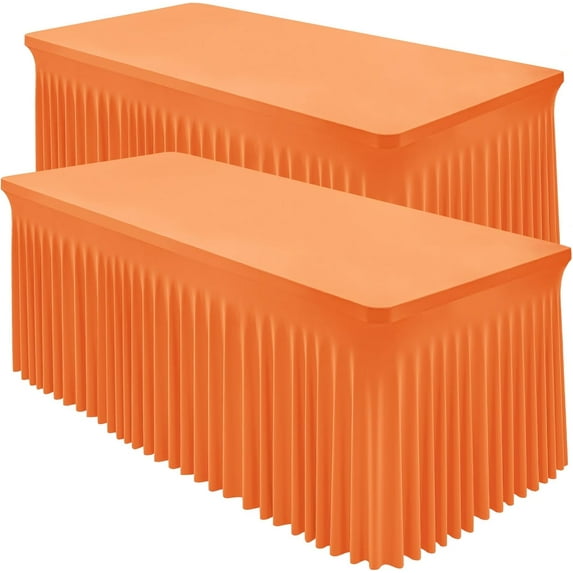 2 Packs Orange Spandex Tableclothes for 6 Foot Rectangle Table, Spandex Table Covers 6FT Stretch Table Skirts Rectangle Wrinkle Free Fitted Tablecover for Event, Wedding, Banquet & Parties