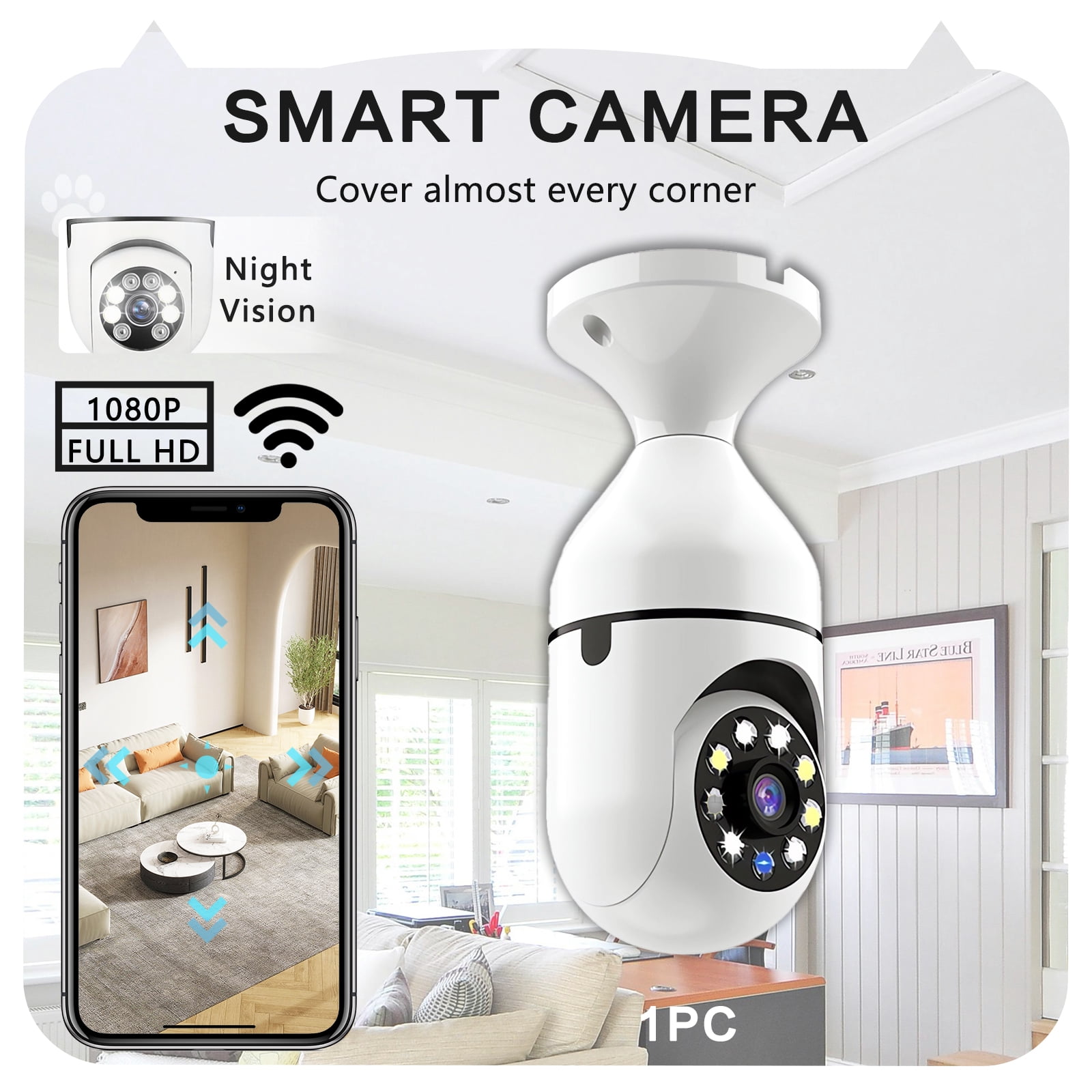 2 Packs Outdoor Security Camera Light Bulb, HD Wireless 5GHz/2.4GHz WiFi Home IP Cameras E27 360 Degree Panoramic, Motion Detection and Alarm, Two-Way Audio, Night Vision