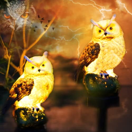 2 Packs Owl Solar Garden Lights Outdoor Decorative Stake Light Waterproof Owl Decory to Scare Birds Away Yard Patio Lawn Ornaments Halloween Decorations