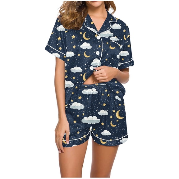2 Packs Pajama Sets Lapel Short Sleeve Tops Bow Tie Print Tees Shirts Nightdress High Wist Sleepwear Ultra Soft Nightdress 2 Suits