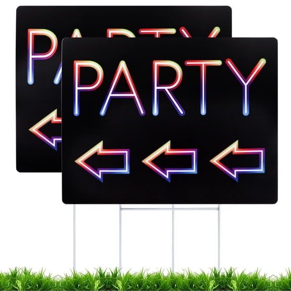 2 Packs Party Signs, Double-Sided Arrow Yard Signs, 17 X 13 Waterproof Corrugated Plastic Birthday Party Direction Markers With Metal H Stakes