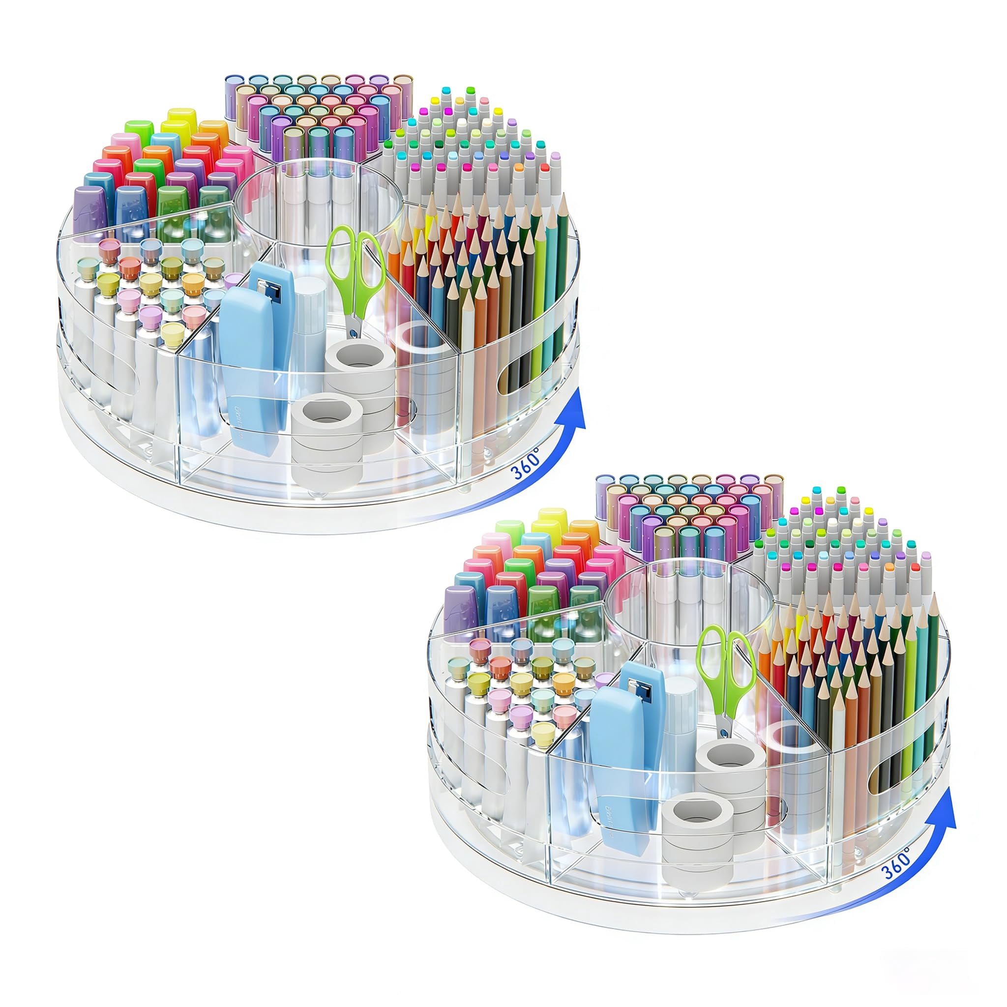 2 Packs Pen Organizer For Desk - Holder With Hand Grips  360° Extra Large Rotating 7 Removable Compartments Office Home And Makeup Storage
