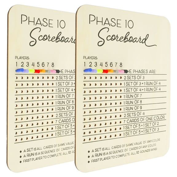 2 Packs Phase 10 Score Board Solid Phase 10 Card Board Kit Easy to Read Phase Ten Score and Round Tracker Interesting Wood Phase Phase 10 Score Sheets for Card Games