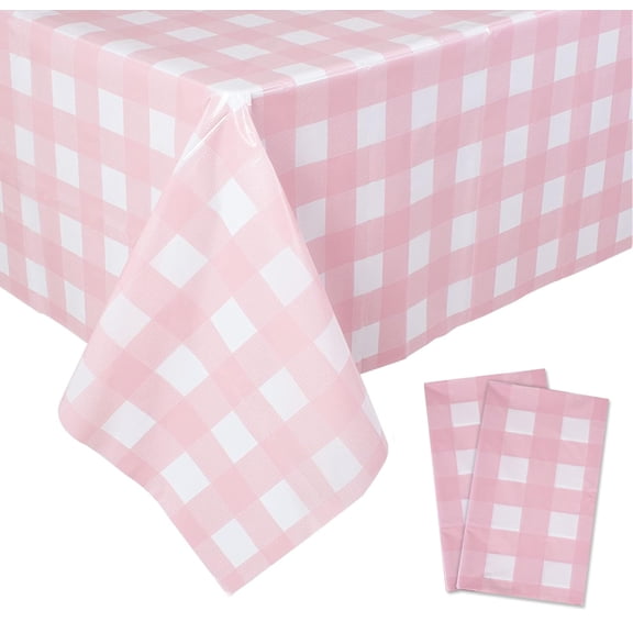 2 Packs Pink Gingham Tablecloth Pink and White Checkered Tablecloths 54 x 108 Inches Disposable Plastic Gingham Tablecovers Waterproof Rectangle Picnic Table Covers for Birthday Party Supplies