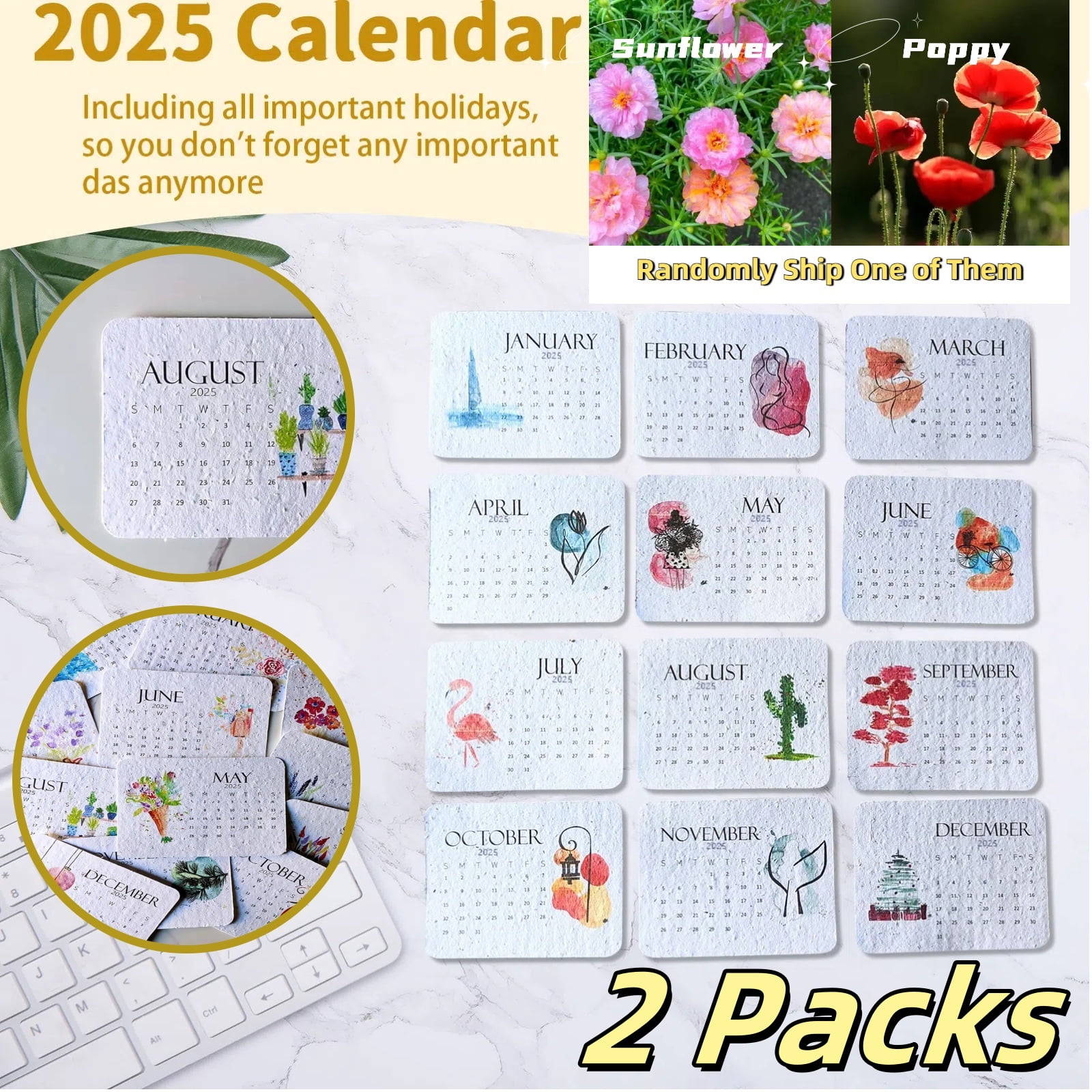 2 Packs Plantable Seed Calendar 2025 December,12 cards Funny Plantable