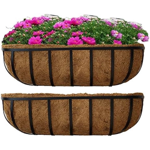 2 Packs Planter Box for Deck Railing 24" Black Metal Hanging Planter Basket with Coco Coir Liner Metal Window Planter Plant Holder Flower Pots$$Garden & Patio