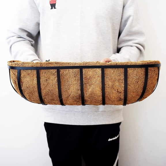 2 Packs Planter Box for Deck Railing 24" Black Metal Hanging Planter Basket with Coco Coir Liner Metal Window Planter Plant Holder Flower Pots