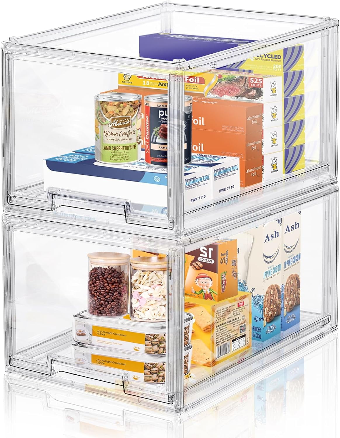 2 Packs Plastic Stackable Storage Organizer Bins with Pull Out Drawer,  Large Clear Acrylic Storage Drawers Container Boxes for Fridge Pantry Shelf Refrigerator Organization and Storage
