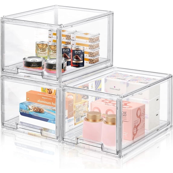2 Packs Plastic Stackable Storage Organizer Bins with Pull Out Drawer, Large Clear Acrylic Storage Drawers Container Boxes for Fridge Pantry Shelf Refrigerator Organization and Storage