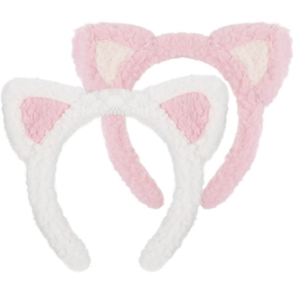 2 Packs Plush Ears Headband Cute Headbands for Washing Makeup Skincare Halloween Costume, Kitten Bands Hair Accessories for Women (White & )