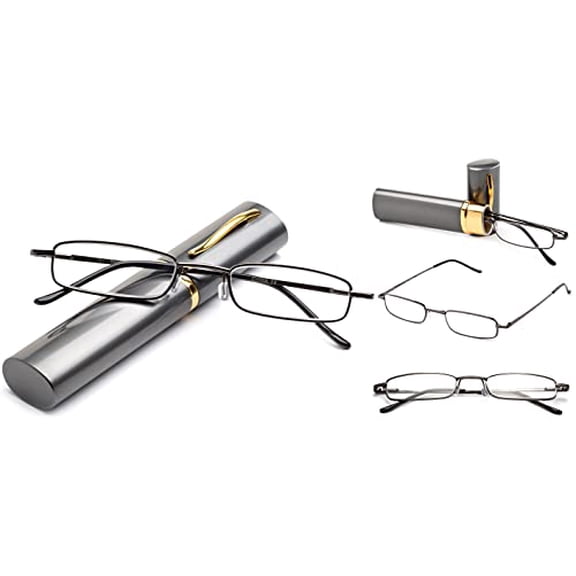 2 Packs "Pocket" Readers Ultra Compact Spring Temple Reading Glasses w/Portable Pocket Clip Aluminum Case Gunmetal +1.50