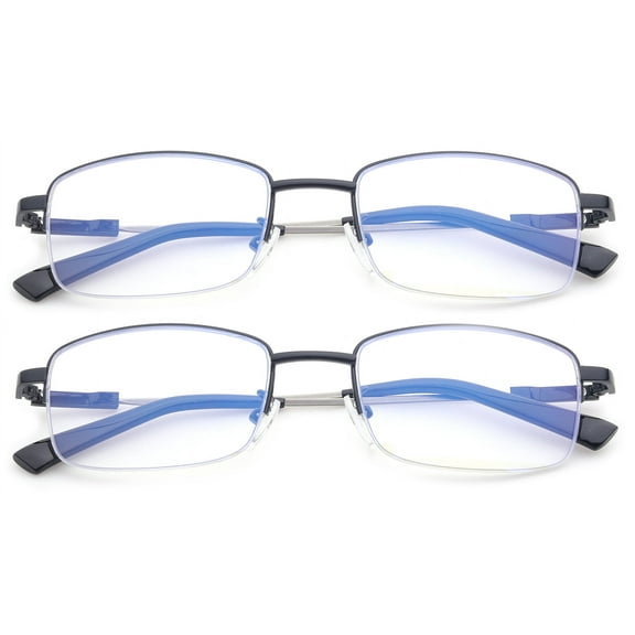 2 Packs Progressive Multifocal Reading Glasses Blue Light Blocking for Men for Women,No Line Trifocal Readers, Half Rim Metal Frame, Memory Titanium Arm, Reading Glasses + 2.00