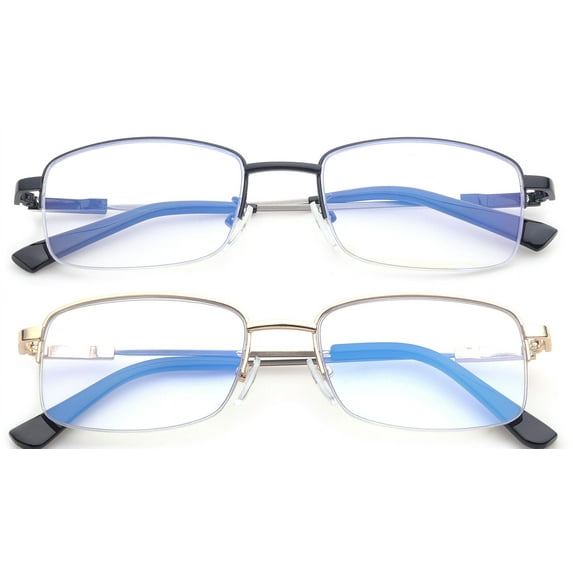 2 Packs Progressive Multifocal Reading Glasses Blue Light Blocking for Men for Women,No Line Trifocal Readers, Half Rim Metal Frame, Memory Titanium Arm, Reading Glasses + 3.50