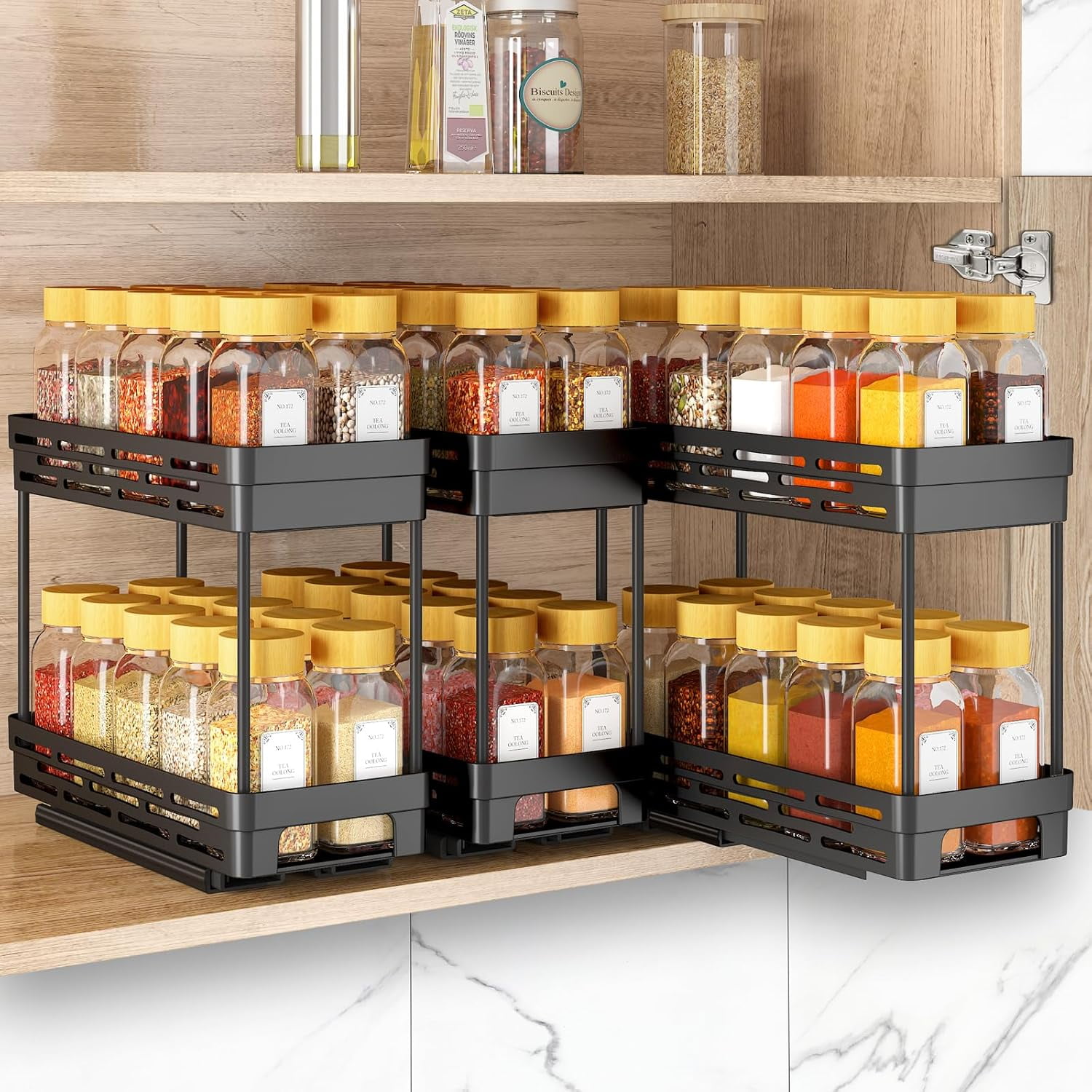 2 Packs Pull Out Spice Rack Organizer for Cabinet, Slide Out Spice Racks Organizer, Easy to Install Spice Cabinet Organizers, 4.33''Wx10.4''Dx8.5''H, Each Tier Hold 10 Spice Jars - 2 Tier