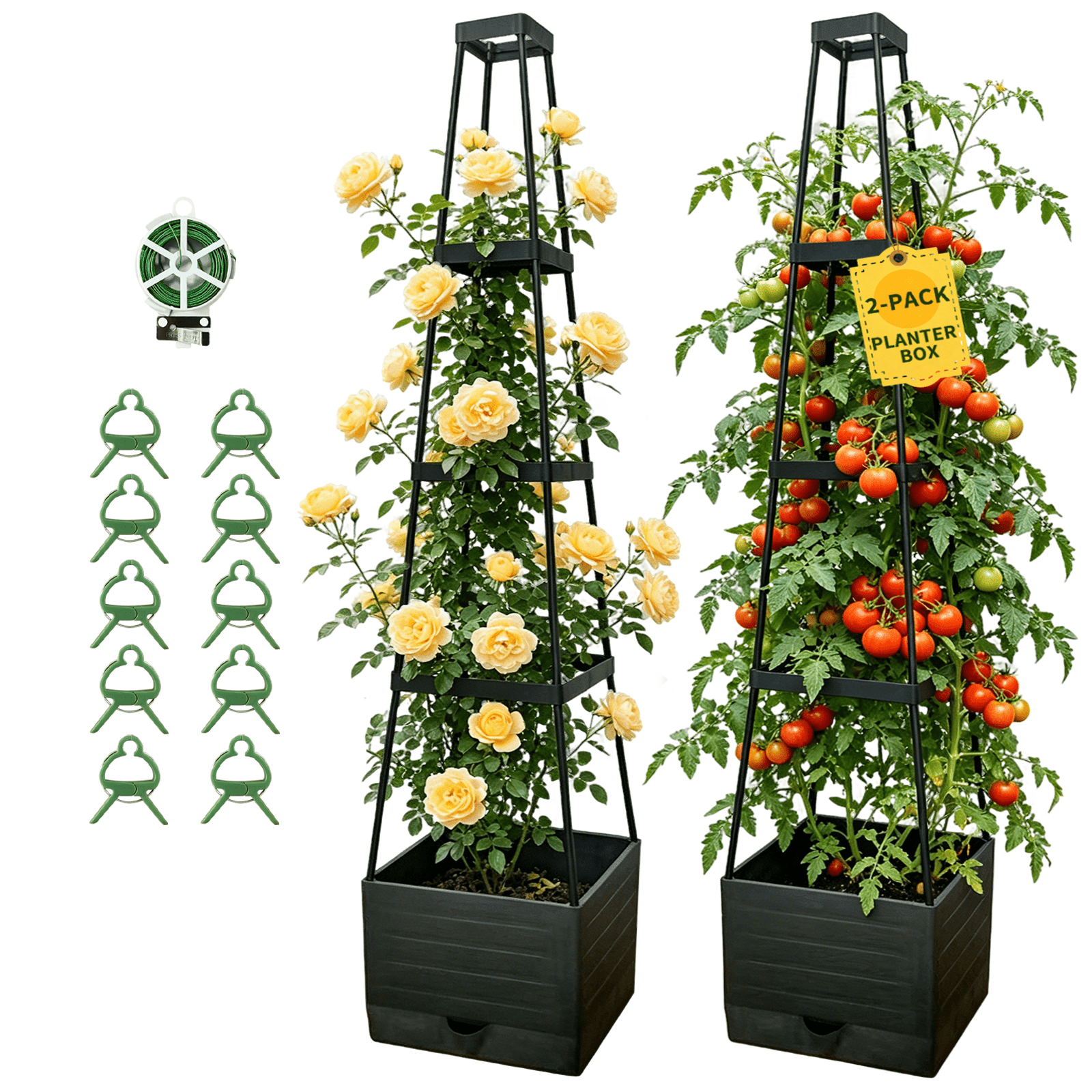 2 Packs Raised Garden Bed Tomato Planter with Trellis, 57" Tomato Cages for Climbing Vegetables Plant, Self Watering Planters Box for Garden Pots for Patio Gree