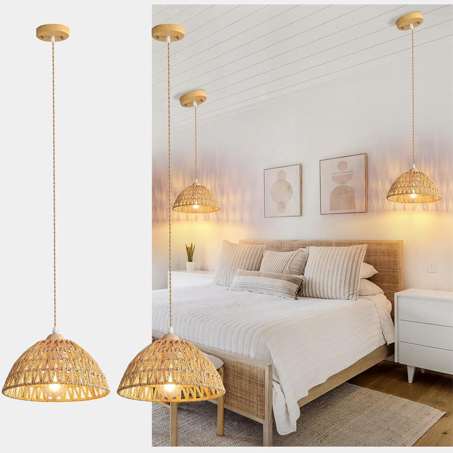 View of 2 Packs Rattan Pendant Lights Kitchen Island Handmade Woven Adjustable ...