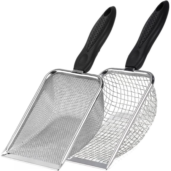 2 Packs Reptile Substrate Scooper, 2mm and 5mm Fine Mesh Cat Litter Shovel, Climbing Pet Excrement Sifter, Stainless Steel Litter Cleaner, Bearded Dragon Metal Rake for Sand Bedding Aquarium