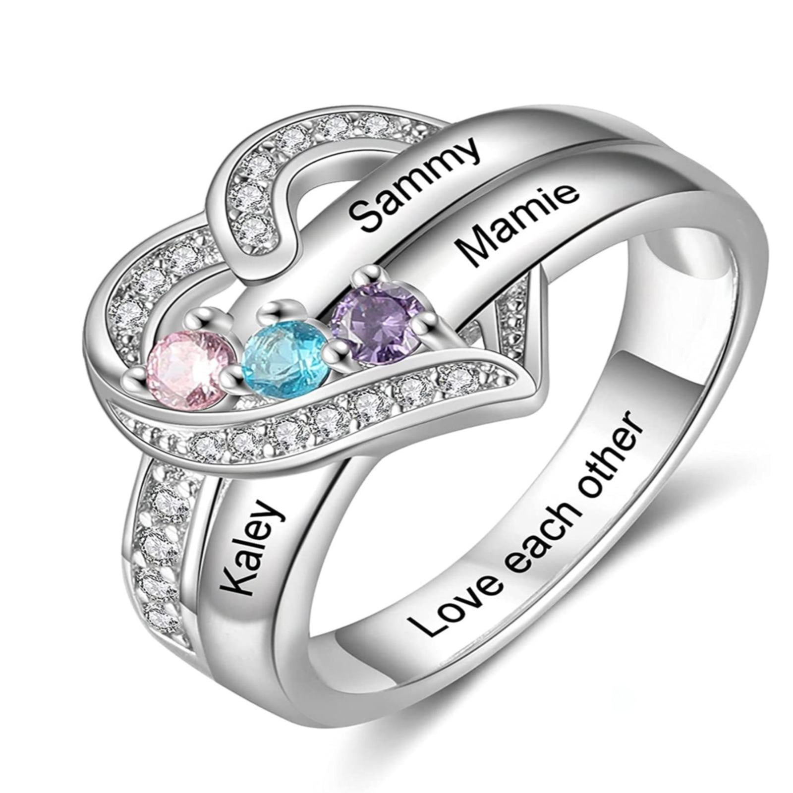 2 Packs Rings,12 Color Birthstone Heart Ring Engraved DIY Family Name Ring Mother's Day by