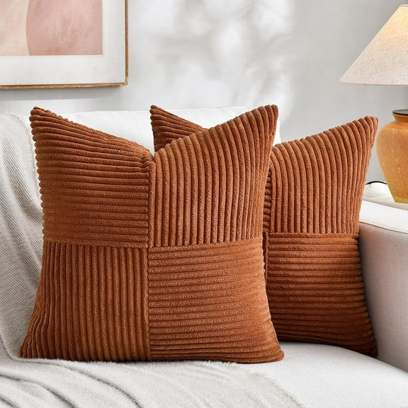 2 Packs Rust Boho Decorative Throw Pillow Covers 18x18 Inch for Couch Bed Sofa, Farmhouse Fall Home Decor, Soft Corss Corduroy Patchwork Textured Terracotta Accent Cushion Case 45x45 cm