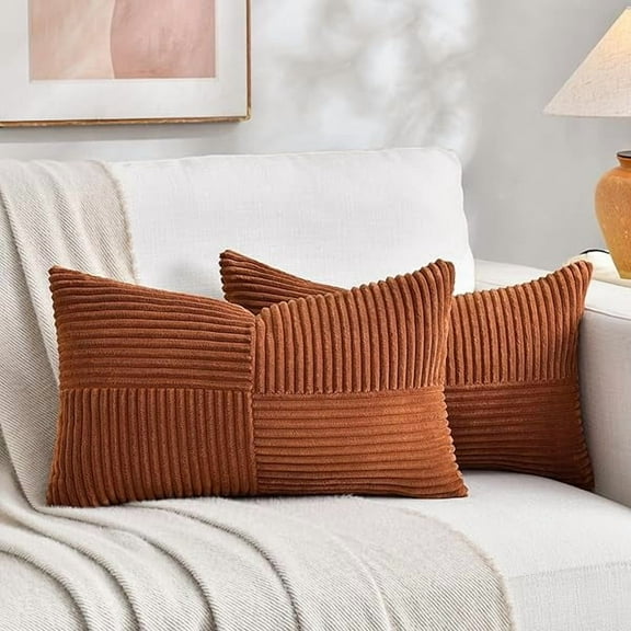 2 Packs Rust Lumbar Decorative Throw Pillow Covers 12x20 Inch for Couch Bed Sofa, Rustic Farmhouse Boho Home Decor, Soft Striped Corduroy Rectangle Accent Terracotta Cushion Case 30x50 cm